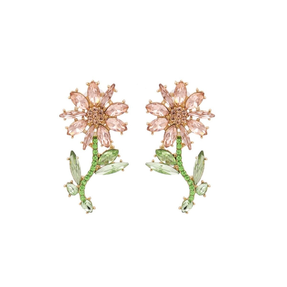 Green & Pink Crystal Flower Stud Earrings