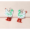 Green & White Chicken with Red Cowboy Boots Drop Earrings