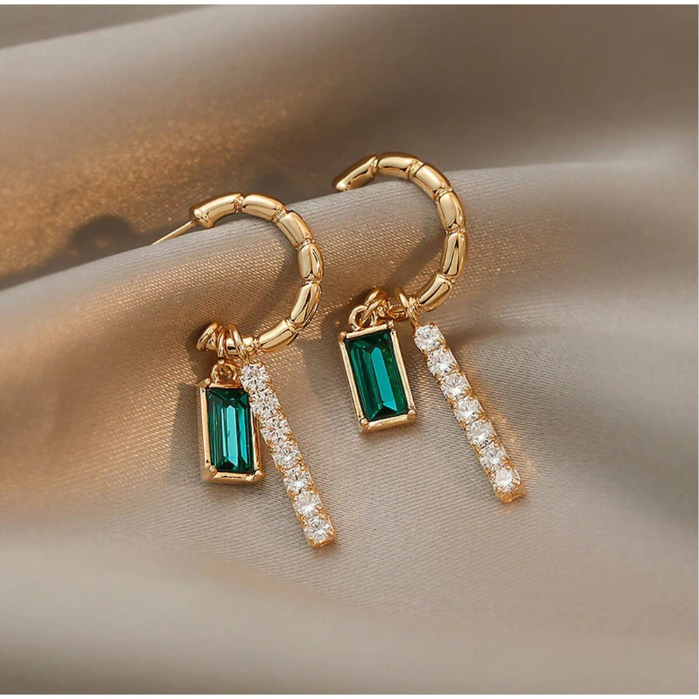 Green and CZ Pearl Half Hoop Drop Earrings