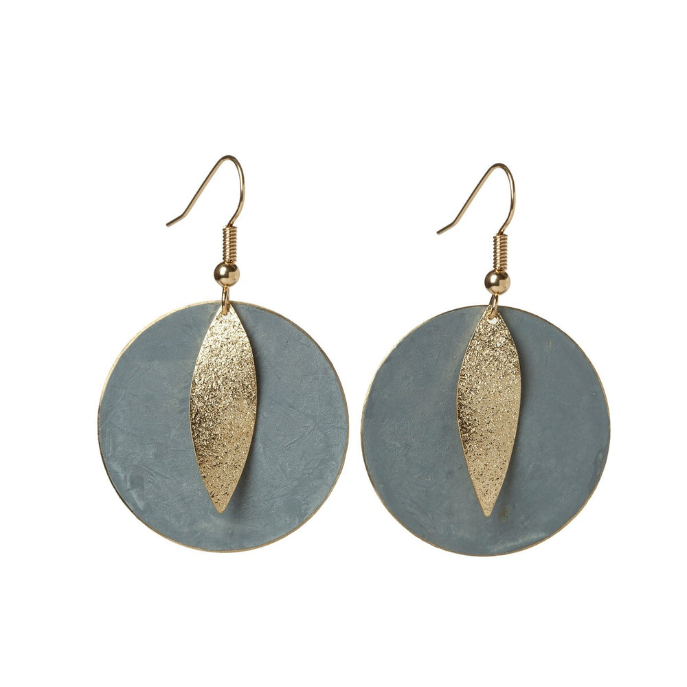 Grey Circular Goldtone Leaf Circular Earrings