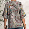 Grey Floral Paisley Print Round Neck Tulip-Sleeve Top