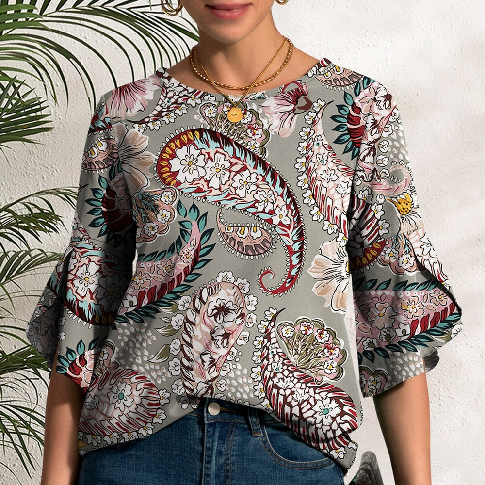 Grey Floral Paisley Print Round Neck Tulip-Sleeve Top