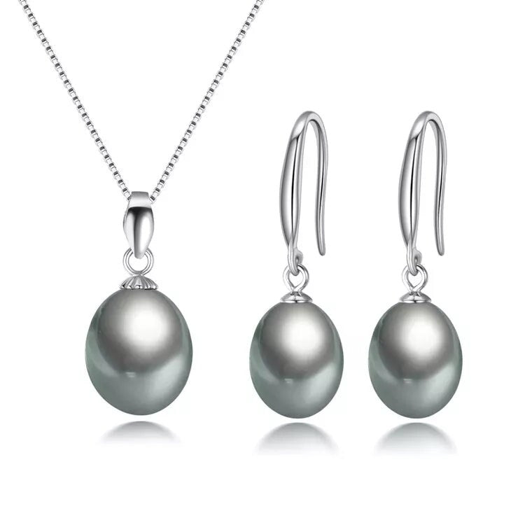 Grey Freshwater Pearl Classic Earring Necklace Set - White