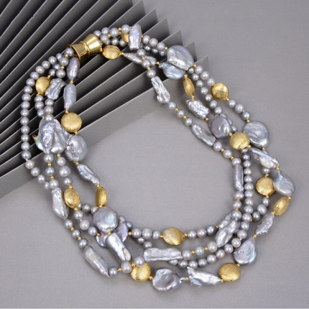 Grey Keshi Pearl Goldtone Freshwater Cultured Pearl Multi Strand Necklace - White