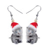 Grey Kitten With Santa Hat Drop Earrings