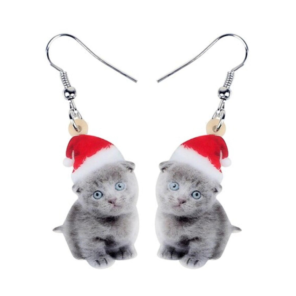 Grey Kitten With Santa Hat Drop Earrings