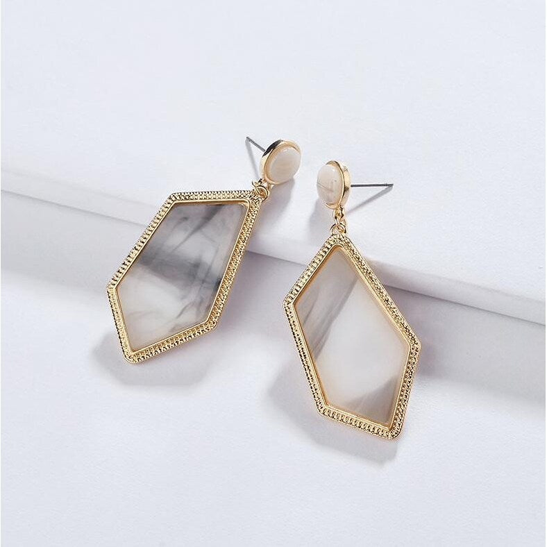 Grey Marbled Goldtone Geometric Drop Earrings