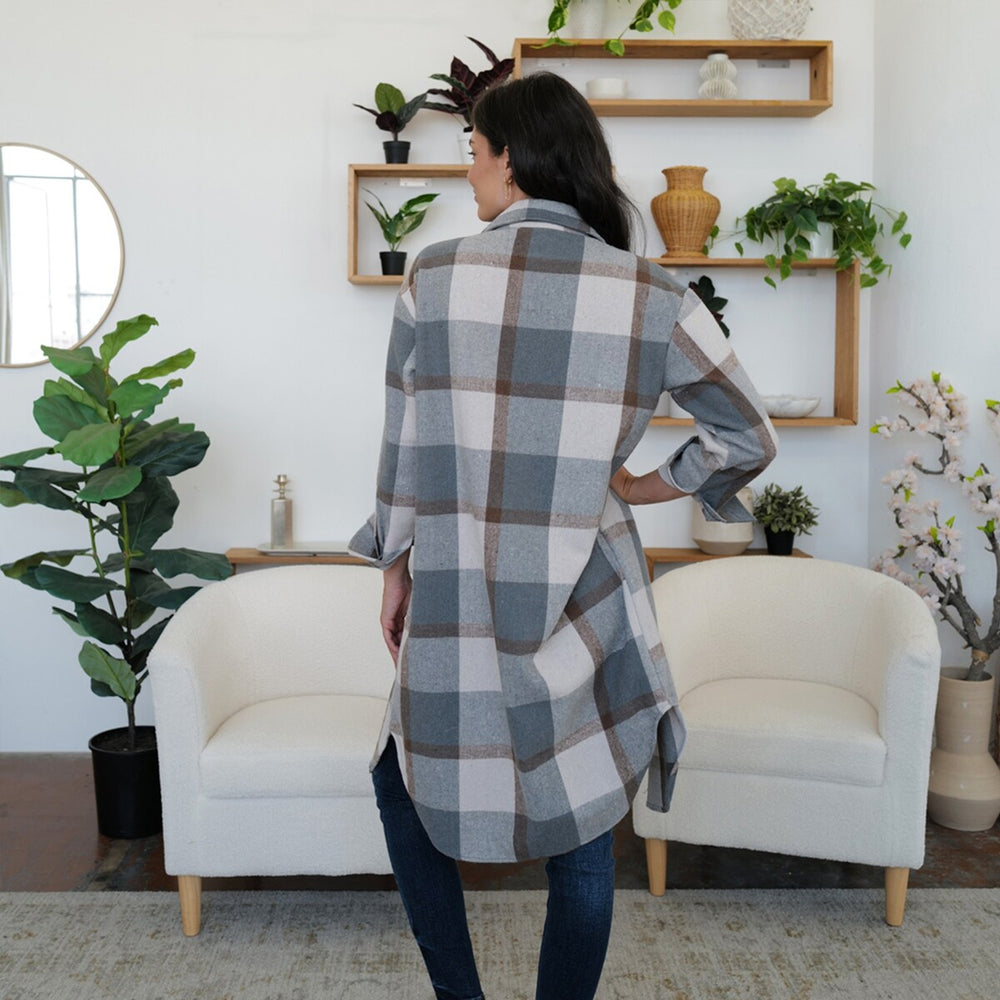 Grey & Brown Plaid Collared Neck Long Sleeve Longline Jacket