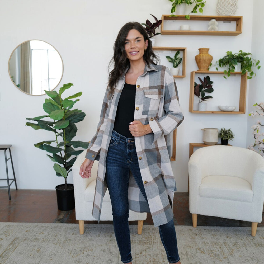 Grey & Brown Plaid Collared Neck Long Sleeve Longline Jacket