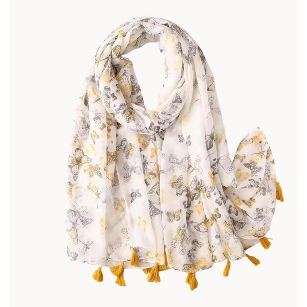 Grey and Yellow Butterfly Scarf with Tassels