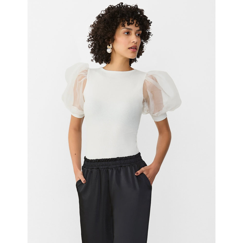 Gstq Ribbed Sheer Puff Sleeve Top