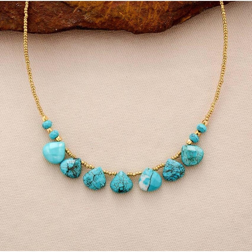 Handmade Teardrop Turquoise Gemstone Collar Necklace - White