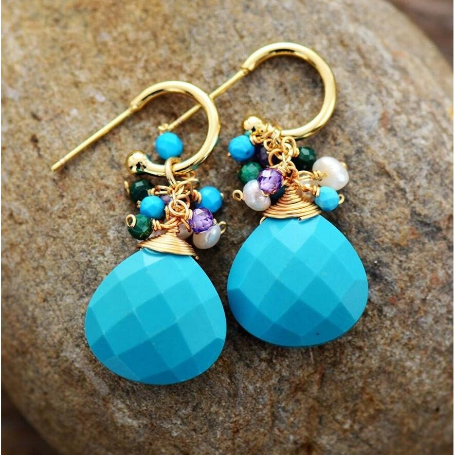 Handmade Turquoise Agate Gemstone Beaded Cluster Drop Earrings