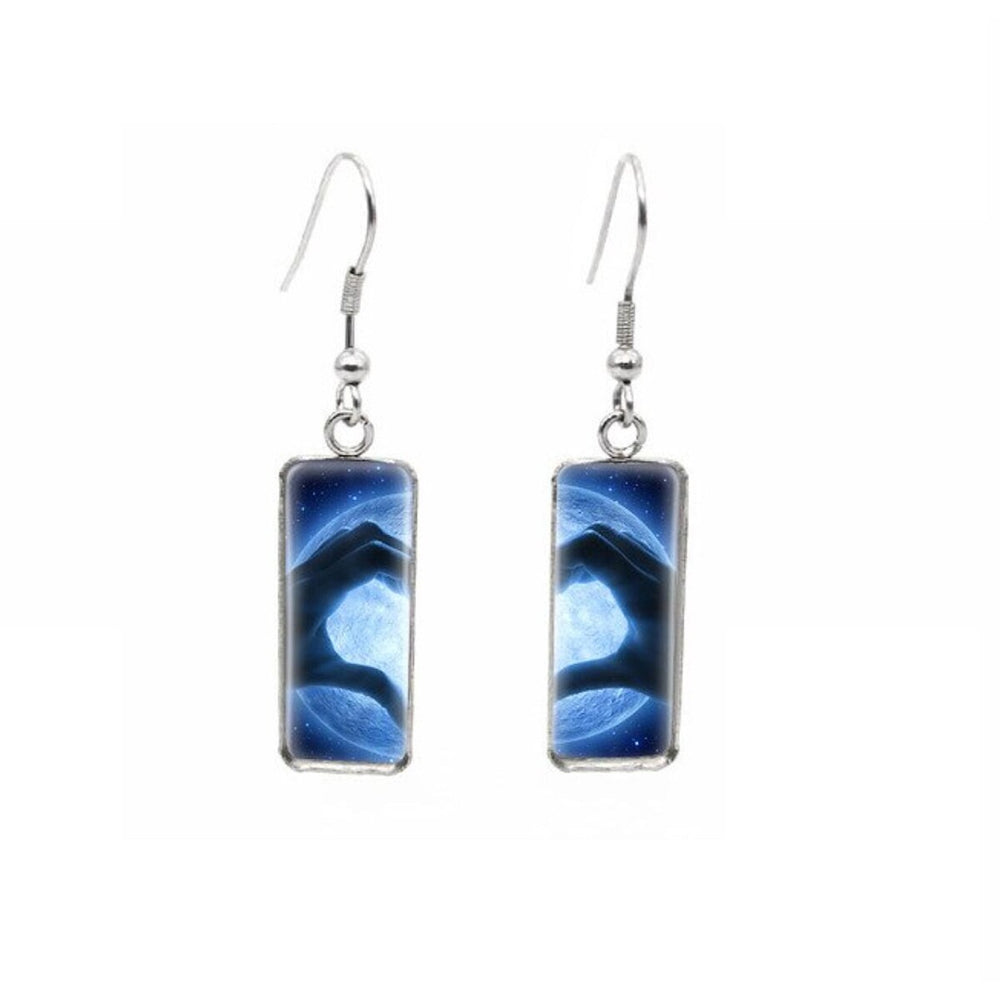 Hands Heart With Full Moon Rectangular Drop Earrings