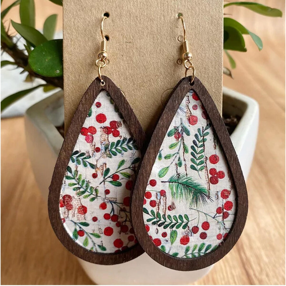 Holiday Patterned & Wooden Teardrop Earrings