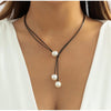 Imitation Pearl And Black Triple Ball Corded Lariat Necklace - White