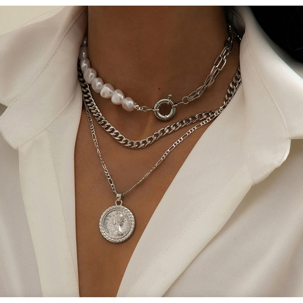 Imitation Pearl And Silvertone Coin Pendant Necklace Set - White