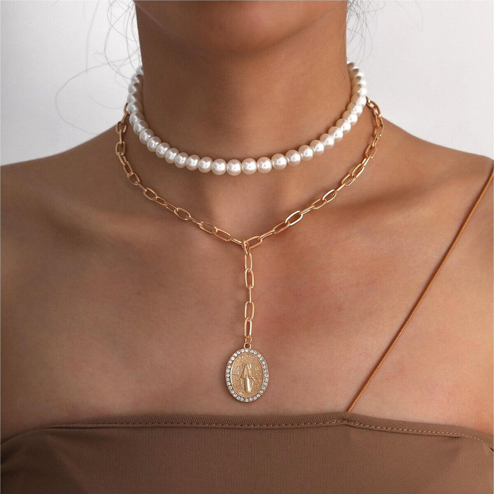 Imitation Pearl Choker Goldtone Layered Necklace - White