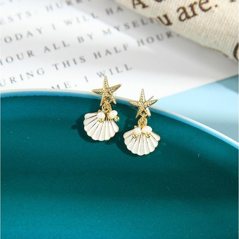 Imitation Pearl Goldtone By The Sea Starfish Drop Earrings