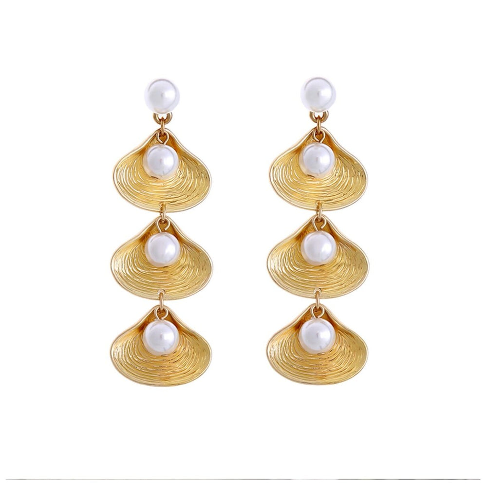 Imitation Pearl Goldtone Clam Drop Earrings