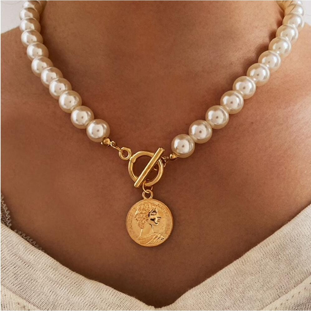 Imitation Pearl Goldtone Medallion Necklace - White