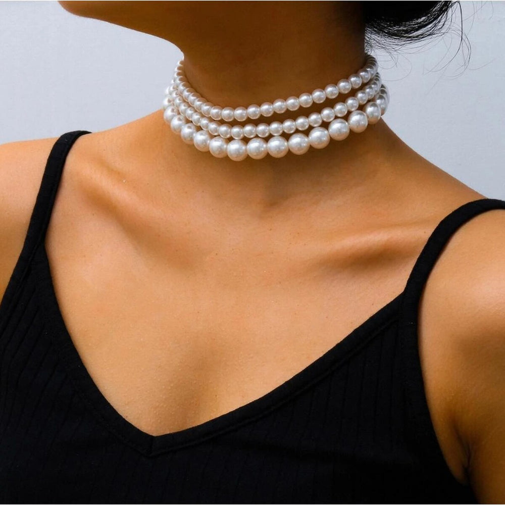 Imitation Pearl Layered Choker Necklace - White