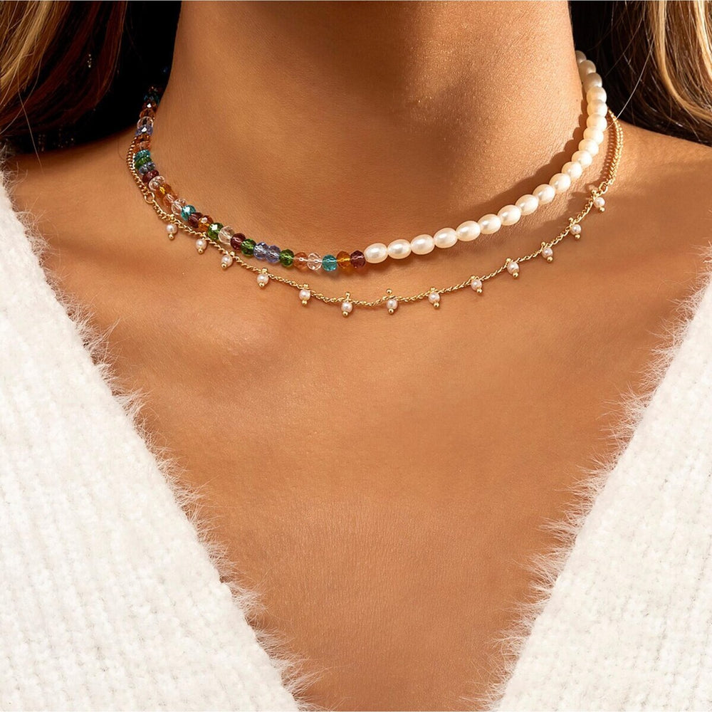 Imitation Pearl Multi Colored Beaded Layered Necklace - White