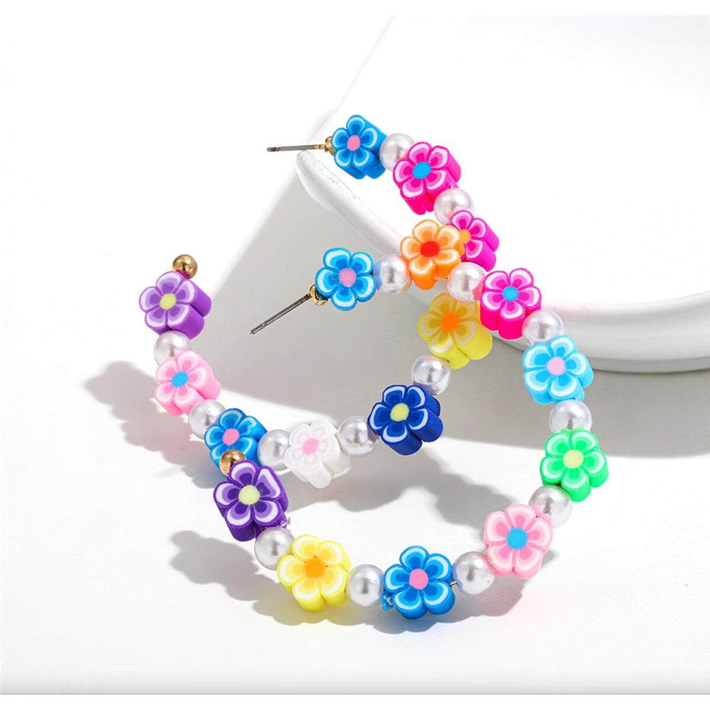 Imitation Pearl Multi Colored Flower Hoop Earrings