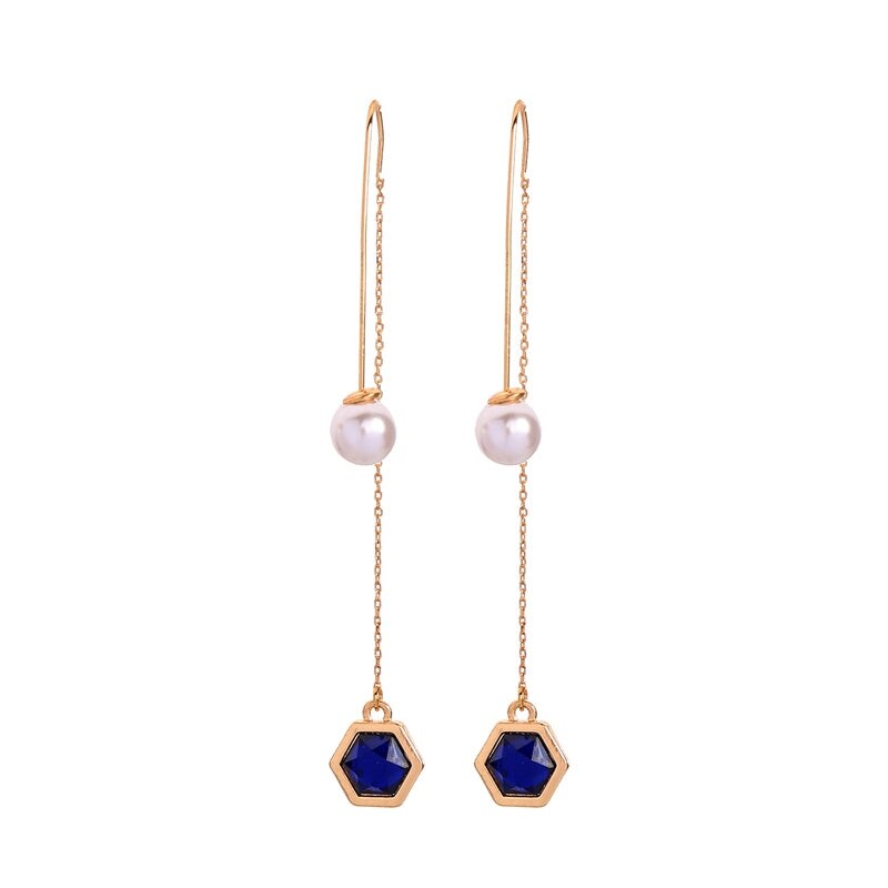 Imitation Pearl Navy Hexagon Threader Earrings