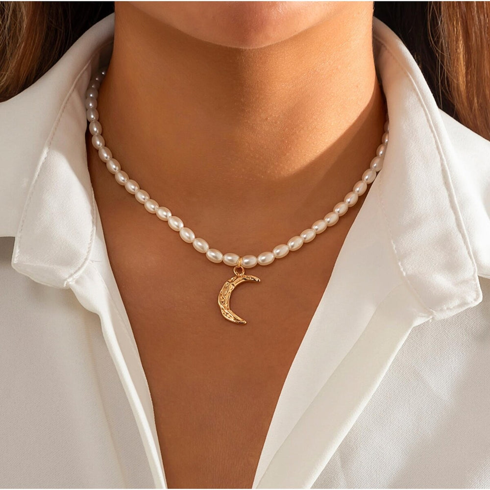 Imitation Pearl Necklace With Goldtone Crescent Moon - White