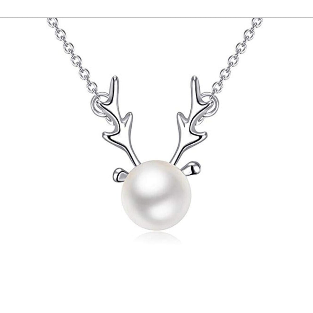 Imitation Pearl Silvertone Deer Pendant Necklace - White