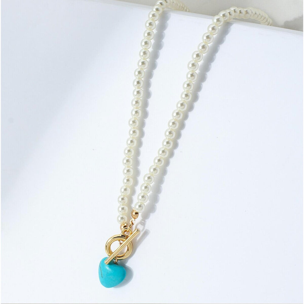 Imitation Pearl Turquoise Heart Necklace - White