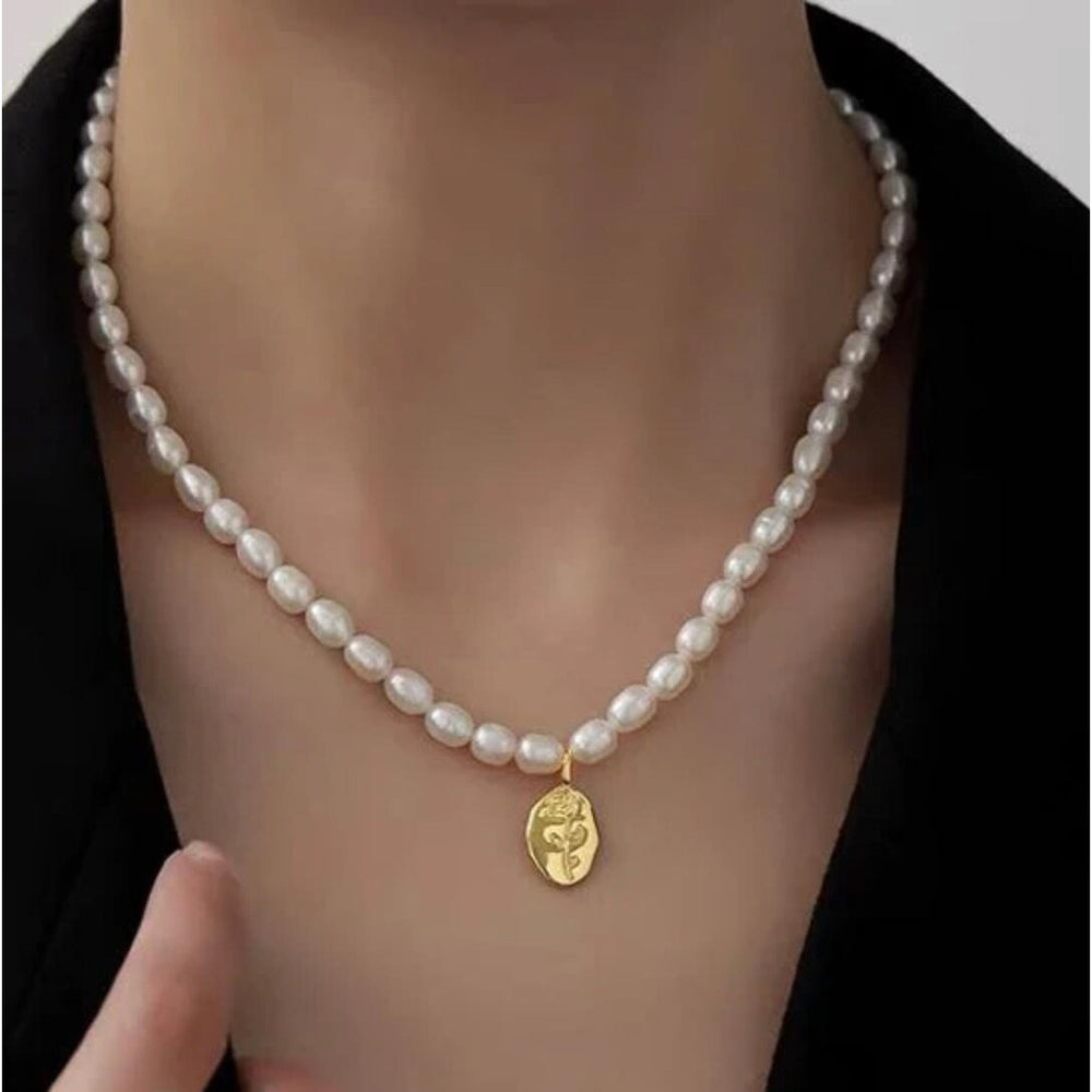 Imitation Pearl With Goldtone Rose Flower Pendant Necklace - White