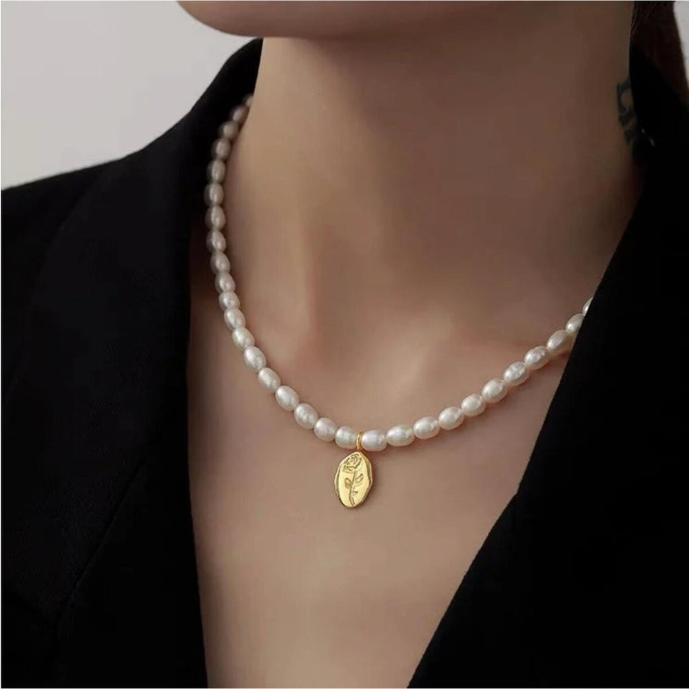 Imitation Pearl With Goldtone Rose Flower Pendant Necklace - White