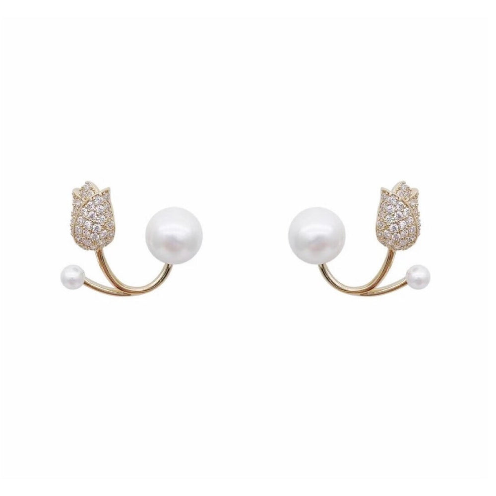 Imitation Pearl & Cubic Zirconia Tulip Ear Climbers