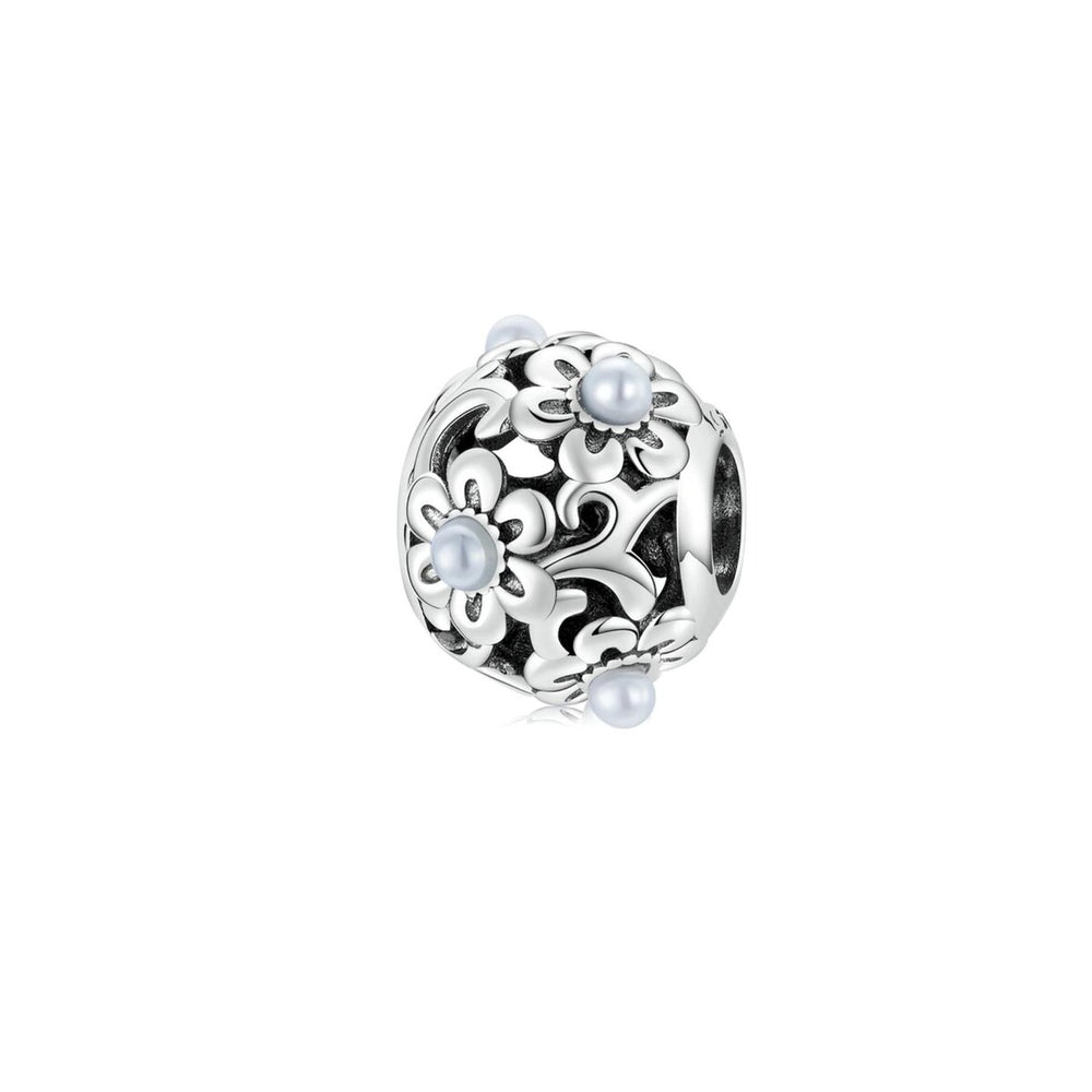 Imitation Pearl & Sterling Silver Daisy Round Bead Charm