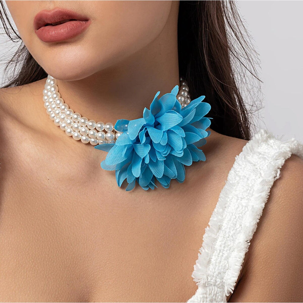 Imitation Pearl and Blue Flower Triple Row Choker Necklace - White