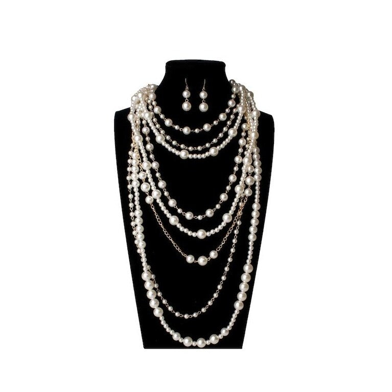 Imitation Pearl and Goldtone Layered Necklace - White