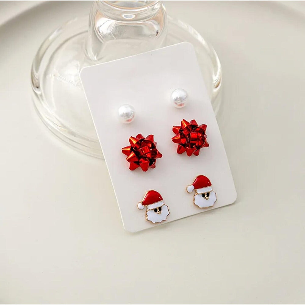 Imitation Pearl, Red Christmas Bow & Santa Set of 3 Stud Earrings