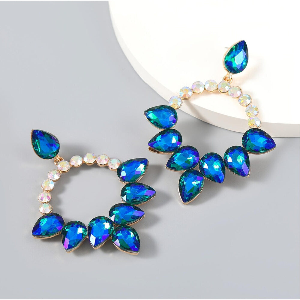 Indigo Blue Teardrop Iridescent Crystal Open Circle Earrings