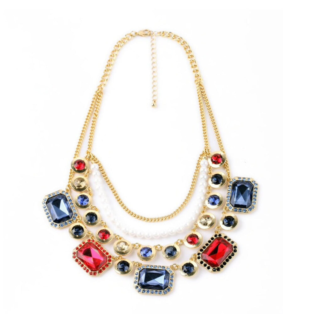 Jewel Tone Rectangular Circular Crystals Layered Necklace - White