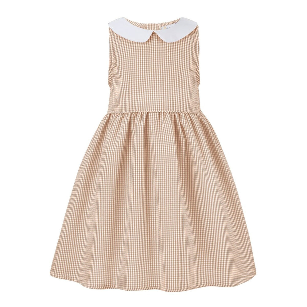 Khaki Gingham Peter Pan Collar Sleeveless A-Line Dress