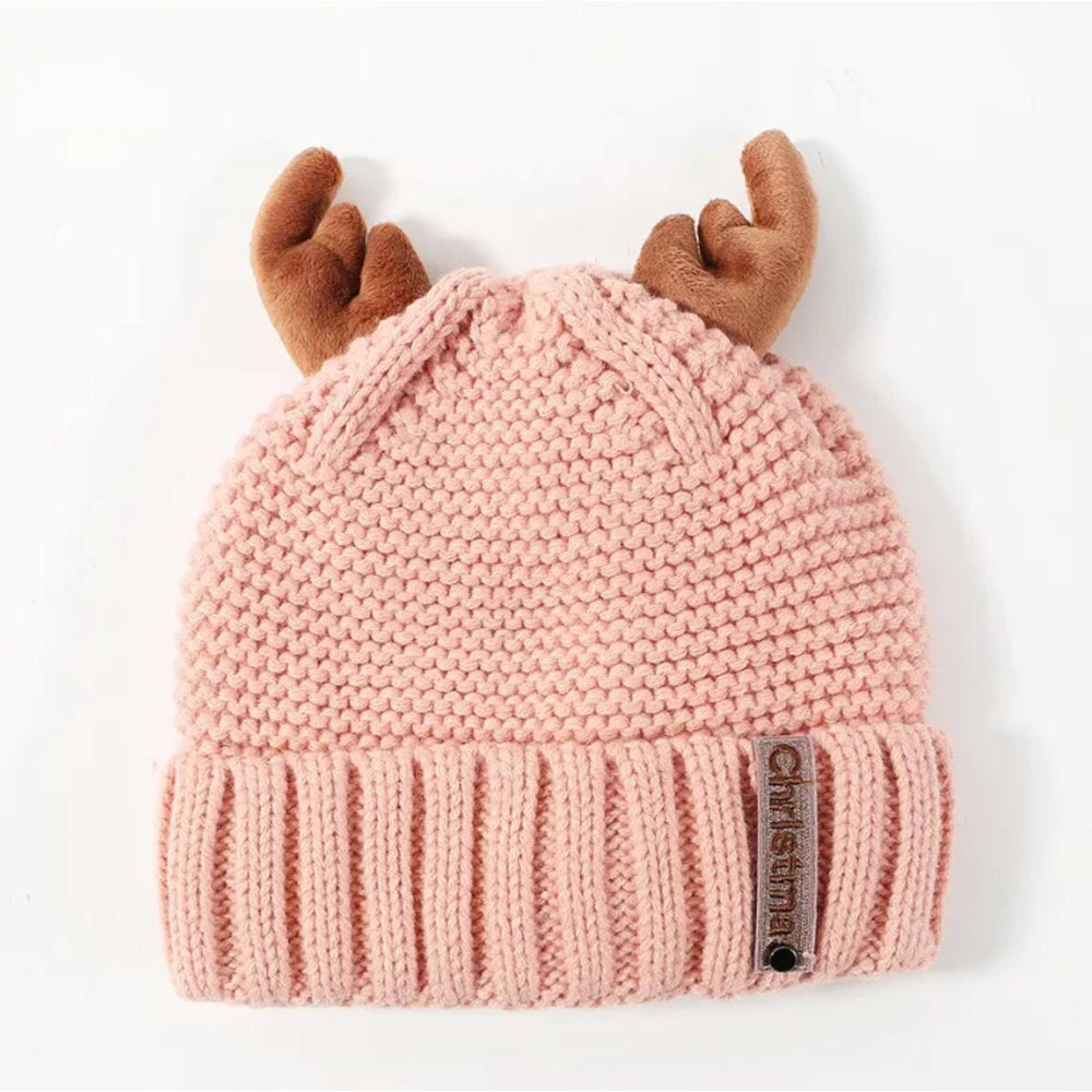 Knitted Antler Beanie Hat in Rose