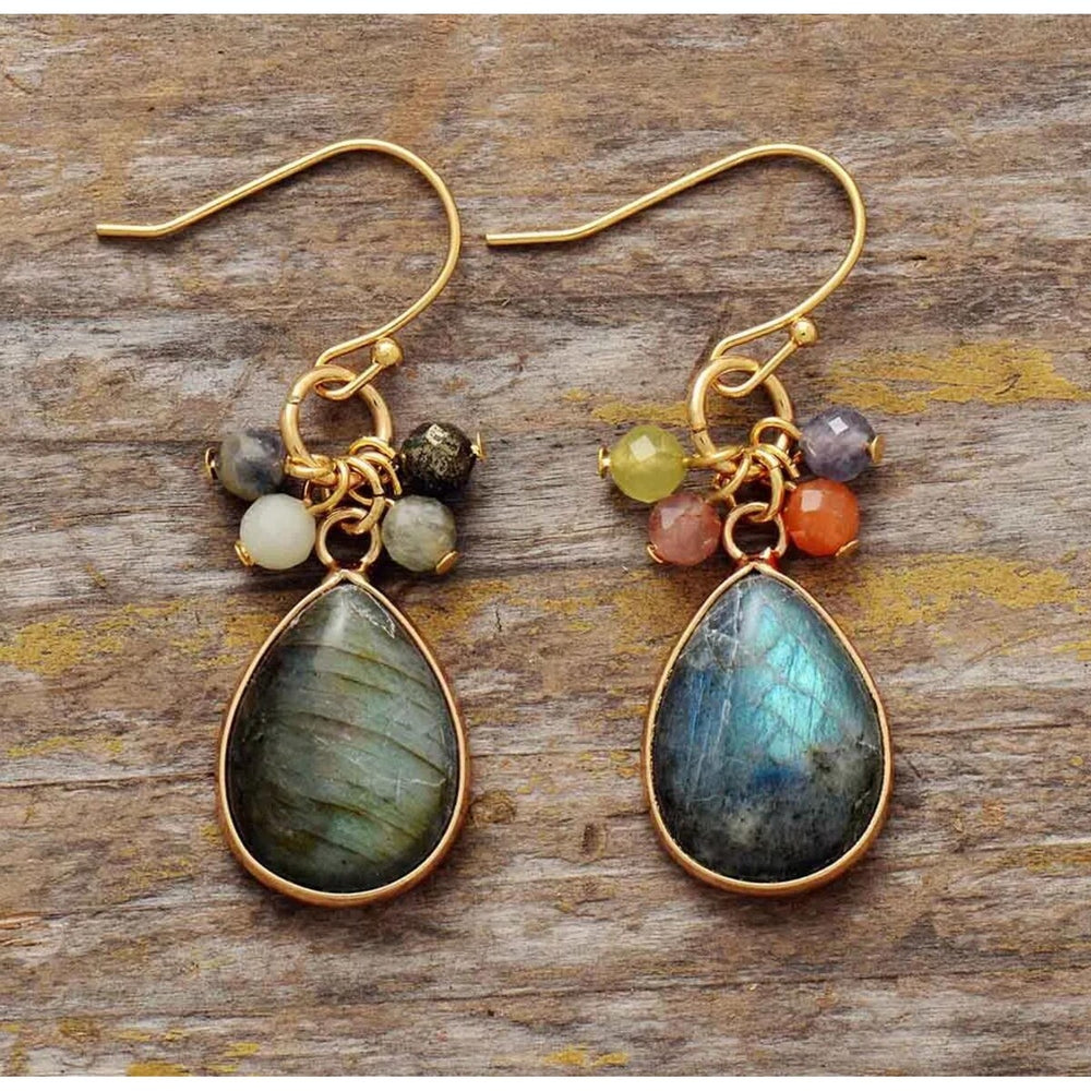 Labradorite Teardrop Beaded Charm Teardrop Drop Earrings