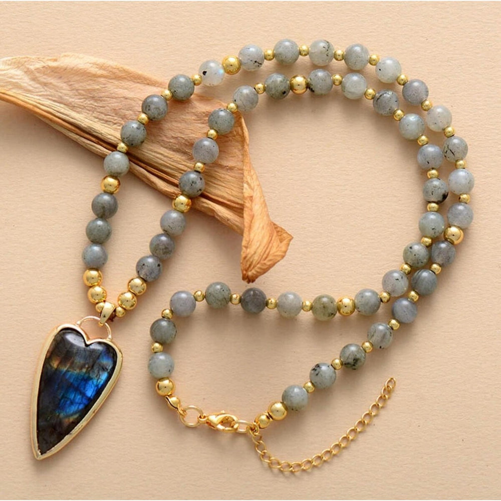 Labradorite & Goldtone Beaded Heart Pendant Necklace - White