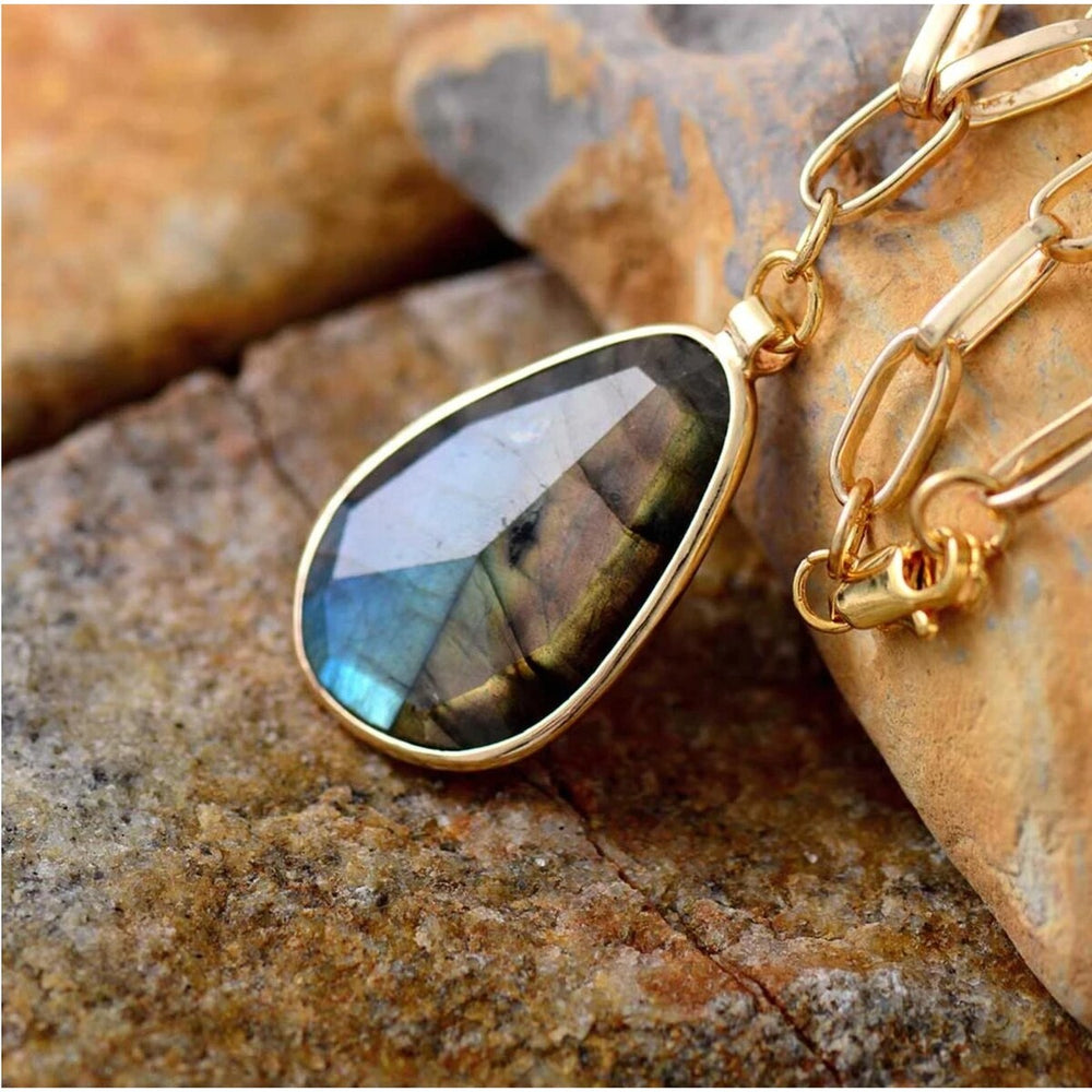 Labradorite & Goldtone Faceted Framed Pendant Necklace - White