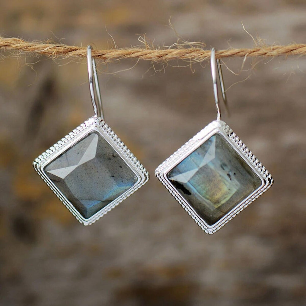 Labradorite & Silvertone Square Drop Earrings