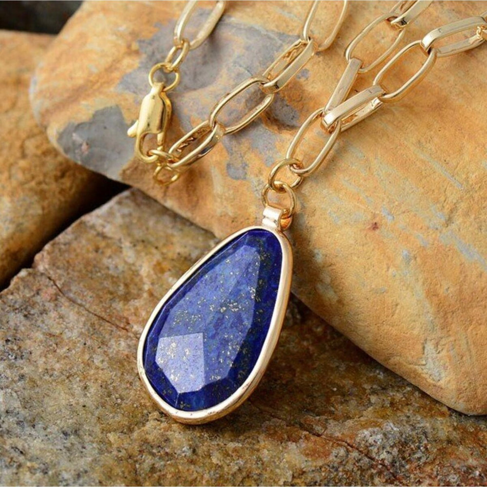 Lapis Lazuli & Goldtone Faceted Framed Pendant Necklace - White