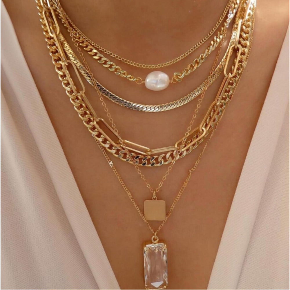 Layered Goldtone Necklace with Rectangular Crystal Pendant and Pearl Solitaire - White