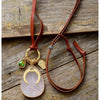 Leather Rose Quartz Teardrop & Goldtone Celestial Necklace - White